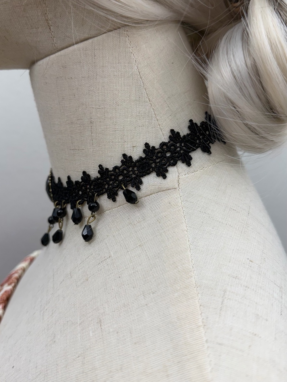 Black Gothic Lace Choker Necklace Victorian Lace Choker with Black Crystal - Picture 3 of 4